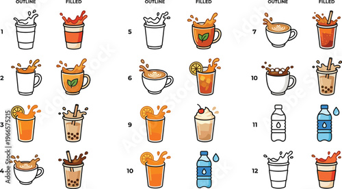 Outline and Filled Beverage Icons Set with Coffee, Tea, Juice, Bubble Tea, Smoothie, and Water Drinks for Cafe Menu and UI Design