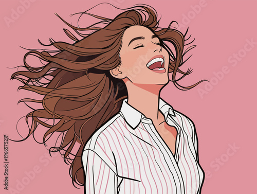 Woman with flowing hair smiles widely against a pink background during daytime in a cheerful setting