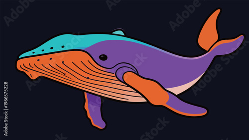 Brightly colored whale swims underwater during a sunny day in the ocean with vibrant colors and playful design