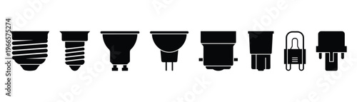 Set of black silhouette light bulb icons with different bases on transparent background