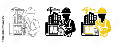 Professional Construction Engineer with Blueprint and Crane Site Development Vector Icon Set
