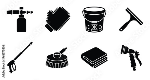Set of car wash and detailing equipment tools icons isolated on transparent background