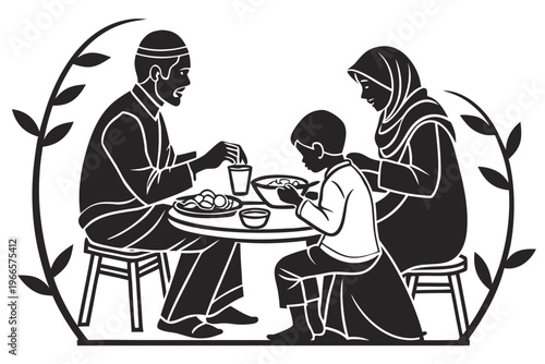 Muslim family sharing a traditional meal together around a small table observing a significant religious observance