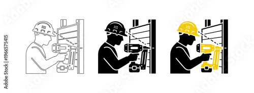 Professional Construction Worker Using Cordless Electric Nail Gun Vector Icon for Industrial Projects