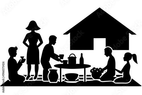 Stylized silhouette image portraying a multi-generational family or community enjoying a traditional outdoor meal or gathering near a home.