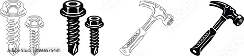 Hammer and Screws Vector Icon Set for Construction Repair and Industrial Hardware Design