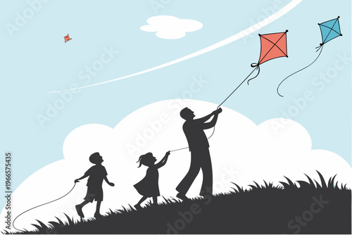 Loving father and his two happy children share a memorable day of outdoor family fun, flying colorful kites together in the sky.