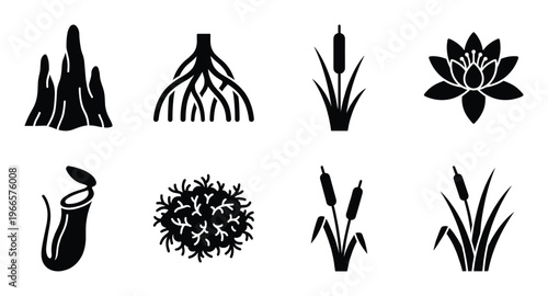 Set of eight black silhouettes of swamp and water plants including reeds lotus and pitcher plants