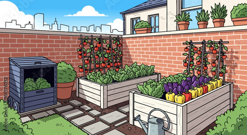 Compost Bin with Green Plants Inside.