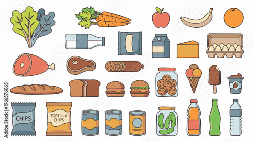 Set of Various Food and Drink Items in Flat Vector Illustration Style
