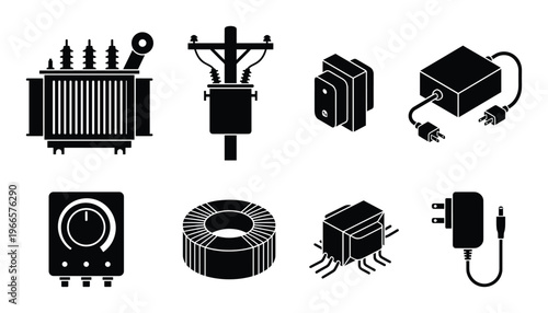 Set of transformer icons for electricity and power distribution in solid black fill