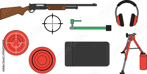 Shooting range equipment set, target practice gear ear protection rifle rest targets safety training vector illustration isolated collection design