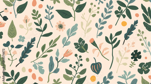 A calming and natural design featuring a minimalist leaf pattern in shades of green on a beige background, ideal for use in eco-friendly marketing mat