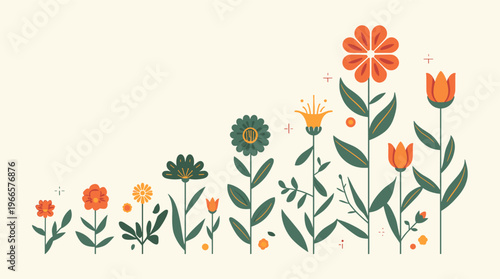 A simple and colorful illustration of an orange flower on a green stem with leaves on a beige background, conveying a sense of freshness and minimalis