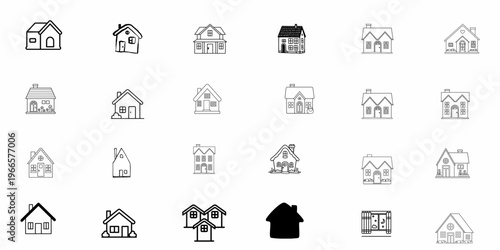 House and Real Estate Icon Set – Minimalist Line Art Architecture for Property and Home Design