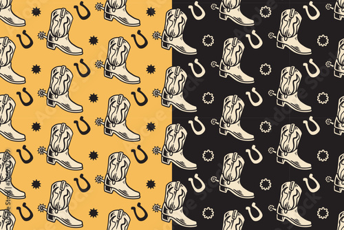 Cowboy boots with horseshoes and star retro seamless pattern on yellow black background for merchandise. Western boots vintage repeating pattern. Rodeo leather shoes hand drawn motif wallpaper