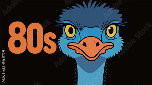 Ostrich character with retro style and bright colors representing 80s pop culture in a fun and playful design