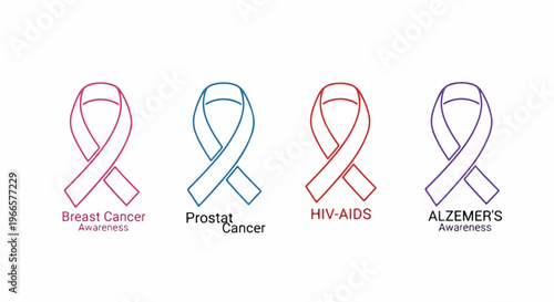 Set of 4 Disease Awareness Ribbons Vector Icons