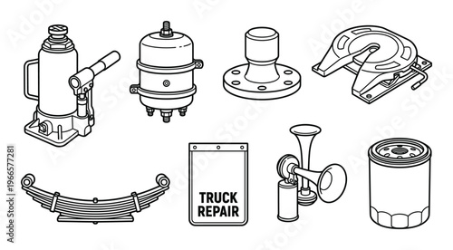 Truck parts and accessories outline set including hydraulic jack air tank spring and mud flap