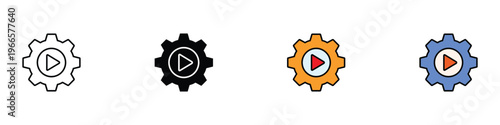Video player settings and multimedia configuration gear icon set. Multimedia play button inside cogwheel symbol in flat, outline, and solid styles. Vector Illustration.