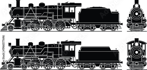 Steam locomotive train illustration, vintage railway engine transport retro steam train silhouette vector side front view isolated design