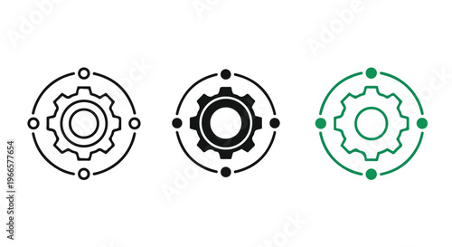Three stylized gear icons representing mechanical engineering, technology, and industrial processes in different