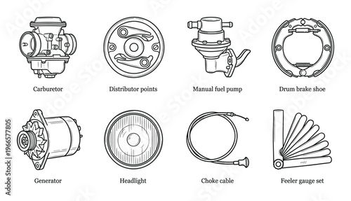Vintage car repair vector line icons. old automobile spare parts collection for workshop