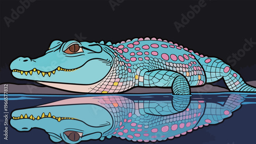 Crocodile rests on the water surface at night with bright colors reflecting in the darkness