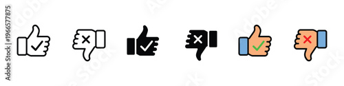 Thumbs up with checkmark and thumbs down with cross icon set. Approval and rejection feedback symbols. Vector Illustration.