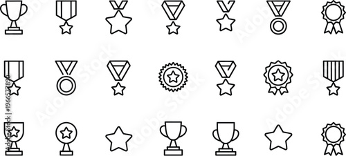 Award icons, trophy symbols, star and medal graphics, 25 black line art elements