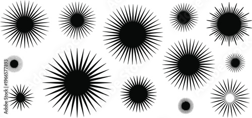 Black sunburst icons, burst shapes, explosion graphics, vector set