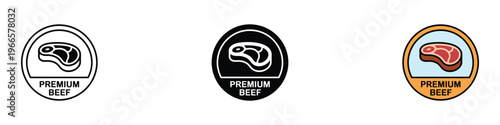 Premium beef meat quality label badge set. Raw steak silhouette for butchery, restaurant, and food packaging. Vector Illustration.