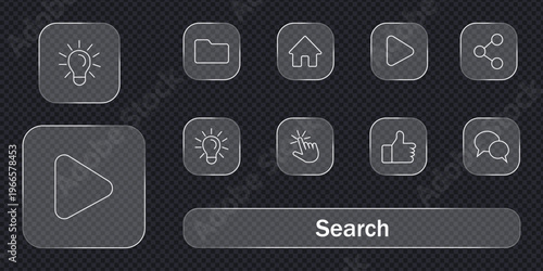 Modern glass morphism UI icon set with transparent frosted frames. Crystal glass buttons for web and mobile app interface including play, search, and social media symbols. Vector Illustration.