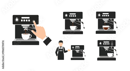 Flat design illustration of a barista with various espresso machine icons on white background