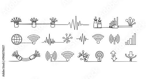 One line drawing fiber optic cable and broadband internet icons outline vector illustration
