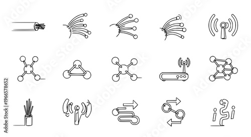 Continuous line drawing fiber optic icons set broadband internet cable vector illustration