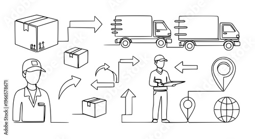 Minimalist continuous line parcel delivery icon pack shipping logistics vector illustration