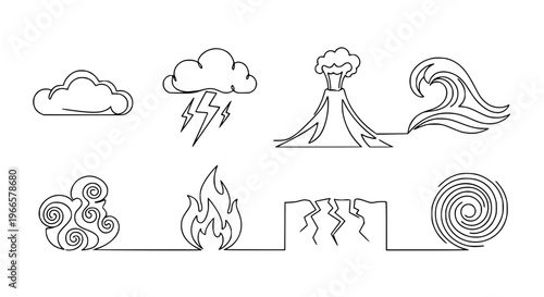 Minimalist continuous line natural disaster icon pack climate hazard vector illustration