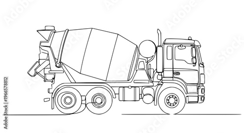 One line drawing cement mixer truck construction machinery outline icon vector illustration