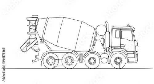 Continuous line drawing concrete mixer truck construction vehicle outline vector illustration