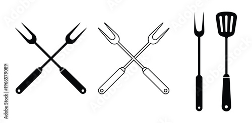 Barbecue grill tools including spatula tongs and fork silhouette . Design element for logo, label, sign, poster, flyer. Vector icons of barbecue utensils including forks and a spatula Vector illustrat