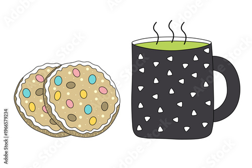 Two cookies with dragees and mug of hot green tea. Isolated on white background. Cartoon vector design. Multicolored dragees and white icing. Confectionery product.