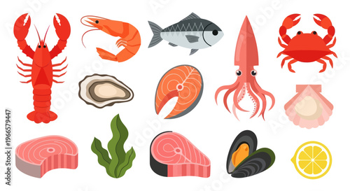 Variety of seafood illustrations lobster shrimp fish crab oyster squid