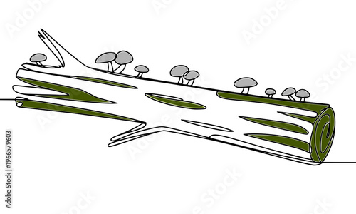 Minimalist sketch illustration of a fallen log with mushrooms growing on top, depicting natural forest decay and woodland ecosystem, perfect for nature, ecology, and environment design concepts.