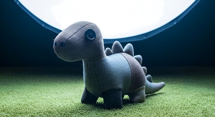 A charming handmade stuffed dinosaur toy sits on a green carpet with a soft light source in the background, creating a playful and cozy atmosphere