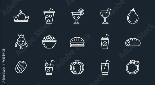 Set of white outline food and drink icons on dark blue background