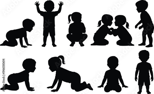 Collection of Black Silhouettes of Babies and Toddlers Crawling Sitting and Interacting on a White Background Keywords: babies, toddlers, children, silhouettes, crawling, sitting, standing