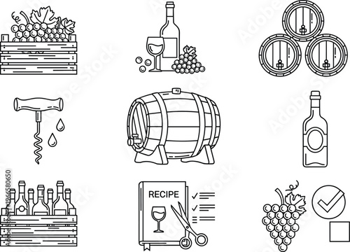 Wine making process icons set, grapes barrels bottles corkscrew fermentation recipe winery production vector line illustration collection isolated