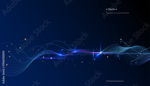 Vector illustration abstract futuristic background featuring vibrant blue, purple and red wavy gradient lines with neon, glowing light effects and dynamic particle flowing on a dark space background