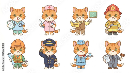 Set of funny cartoon animals featuring a cute cat, character collection in a vector illustration style Animal in Uniform, Doctor, Nurse, Fightfireman, Air Hostess, Flight Captian, Teacher